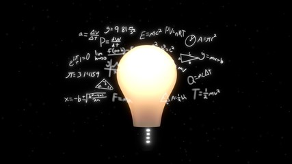 Handwritten equations floating around light bulb