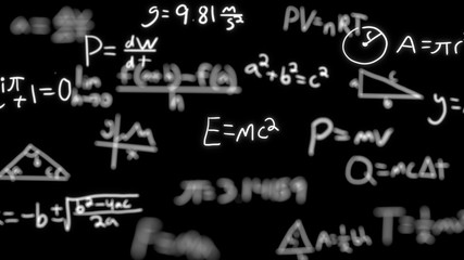 Handwritten equations floating in front of black background
