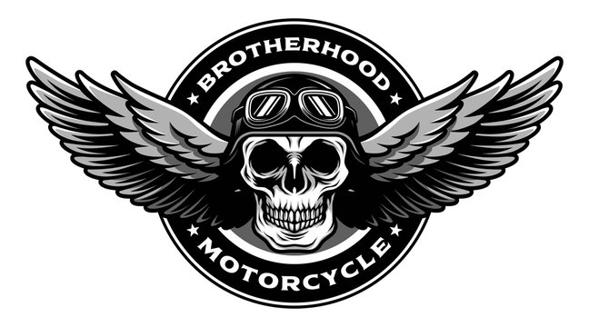 Detailed Classic Skull Head Wearing Retro Biker Helmet and Pilot Goggles With Spreading Wings Motorcycle Badge Design