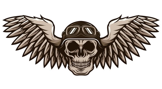 Detailed Classic Skull Head Wearing Retro Biker Helmet and Pilot Goggles With Spreading Wings Motorcycle Badge Design