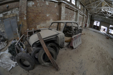 Fototapeta na wymiar Urbex.Abandoned tramway depot. Kiev,Ukraine