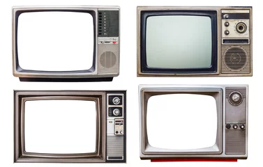 Fotobehang oude retro kleur brons en houten huis tv-ontvanger geïsoleerd op een witte achtergrond, mix vintage televisie © saravuth