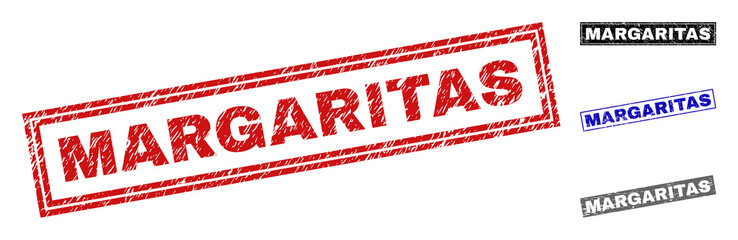 Grunge MARGARITAS rectangle stamp seals isolated on a white background. Rectangular seals with grunge texture in red, blue, black and grey colors.