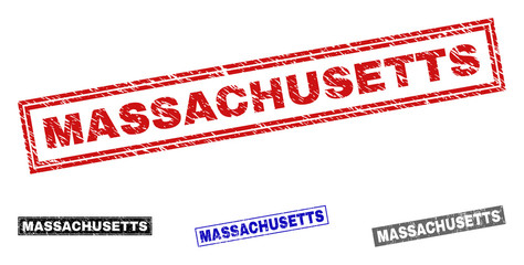 Grunge MASSACHUSETTS rectangle stamp seals isolated on a white background. Rectangular seals with grunge texture in red, blue, black and grey colors.