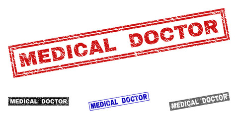 Grunge MEDICAL DOCTOR rectangle stamp seals isolated on a white background. Rectangular seals with grunge texture in red, blue, black and gray colors.