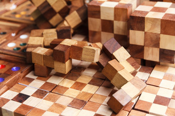 Toy blocks jigsaw cube, puzzle wooden pieces.