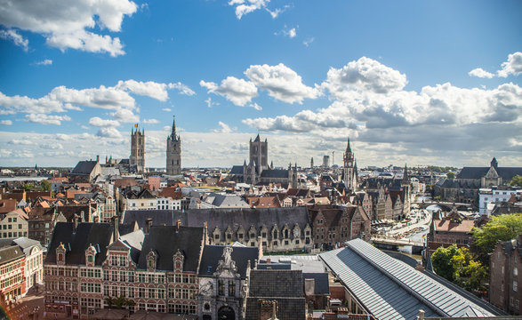 Scenery from the top of the graven steen castle, View of Gent city old city from gravensteen castle in Belgium