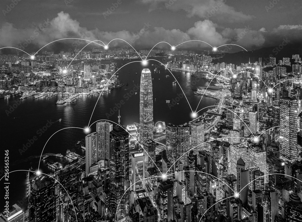 Poster digital network connection lines of hong kong downtown. financial district and business centers in s