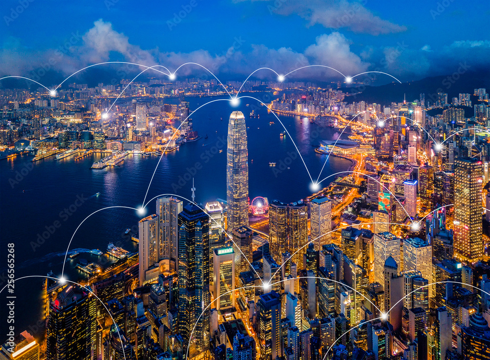Poster digital network connection lines of hong kong downtown. financial district and business centers in s