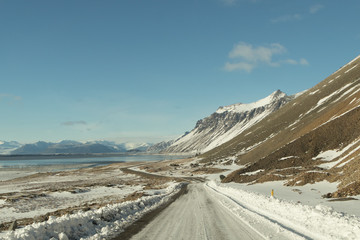 Highway 1 Iceland. Clear road covered in winter.ring road, route 1 in Iceland