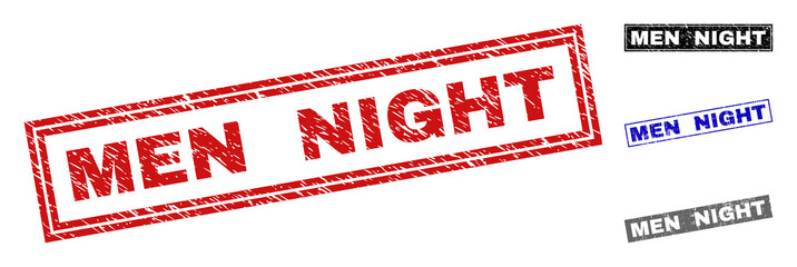 Grunge MEN NIGHT rectangle stamp seals isolated on a white background. Rectangular seals with grunge texture in red, blue, black and grey colors.