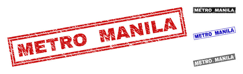 Grunge METRO MANILA rectangle stamp seals isolated on a white background. Rectangular seals with distress texture in red, blue, black and grey colors.