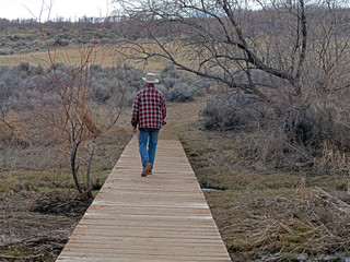 Senior adult male baby boomer alone on a footpath in a nature preserve.