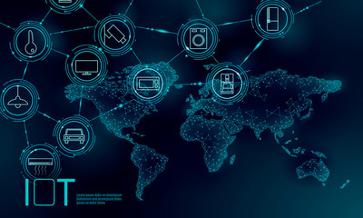 Blue space planet Earth internet of things icon innovation technology concept. Wireless communication network IOT ICT. Intelligent system automation modern AI computer online vector illustration