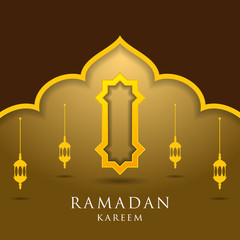 Ramadan kareem greeting card design. with arabic lanterns, golden ornate crescent and mosque dome. on golden background, EPS 10 - vector, Jpeg High Resolution 300 DPI