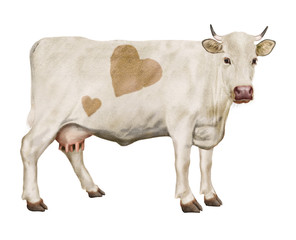 vache laitière, coeur, amour, animal, ferme, bétail, blanc, blanche, gazon, mollet, agriculture,  lait, isolé, brun, champ, mammifère, alpage, boeuf, bétail, prairie, taureau, vert, debout, nature, ex