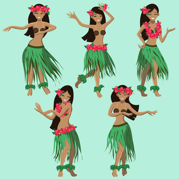 Hawaiian Cartoon Girls Dancing Hula Vector Image