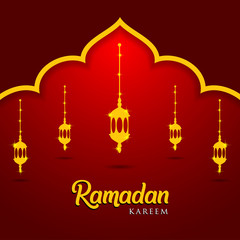 Ramadan kareem greeting card design. with arabic lanterns, golden ornate crescent and mosque dome. on red background, EPS 10 - vector, Jpeg High Resolution 300 DPI