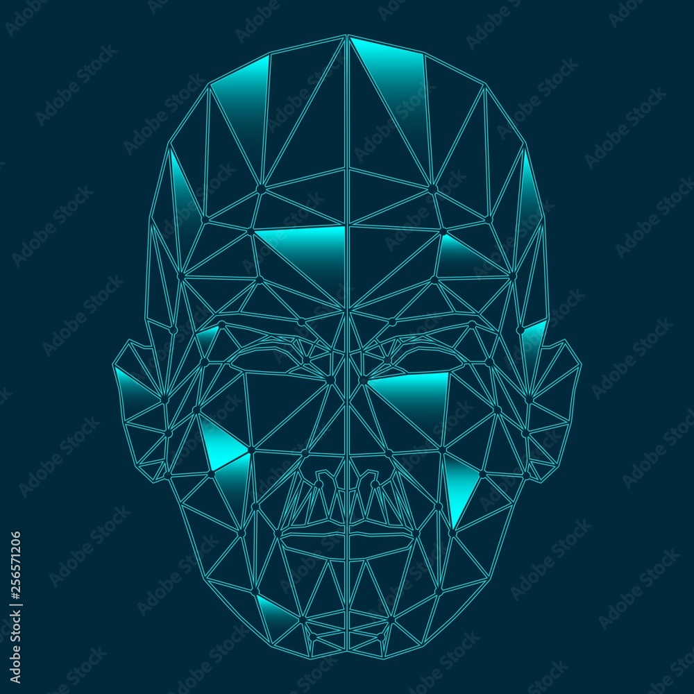 Wall mural human face low polygon. wireframe mash head shape consisting of connected dots and lines. abstract h
