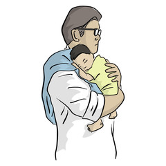 father holding his newborn baby tenderly vector illustration with black lines isolated on white background. Love concept.