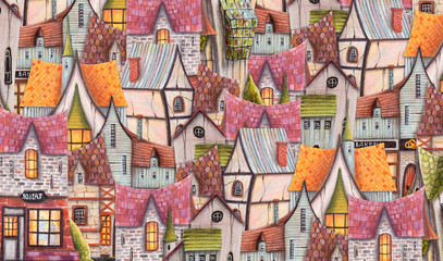 Colored pencils pattern city with cafe, houses, greenhouse. Hand drawn illustration.