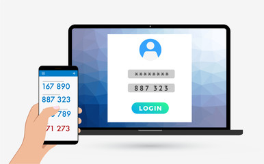 2-step authentication, two steps Verification SMS code password concept. Secure and reliable access to the network. Hand with phone, laptop with login form vector illustration.