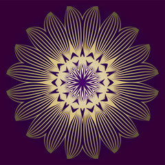 Pattern Of Mandala. Vector Illustration. Modern Decorative Floral Color Mandala. Decorative Cicle Ornament. Floral Design. Purple gold color