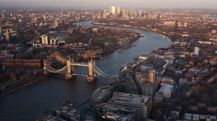 Elevated day to night timelapse of Tower Bridge London England cityscape