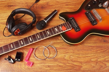 Naklejka premium Electric guitar and music accessories.