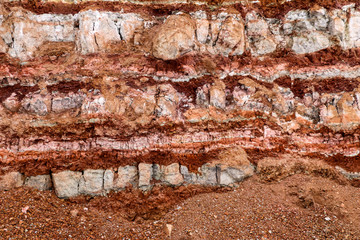  texture of different layers of clay underground in  clay quarry after geological study of soil.