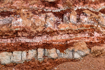  texture of different layers of clay underground in  clay quarry after geological study of soil.