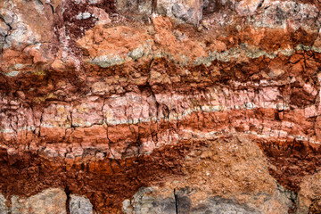 texture of different layers of clay underground in  clay quarry after geological study of soil.