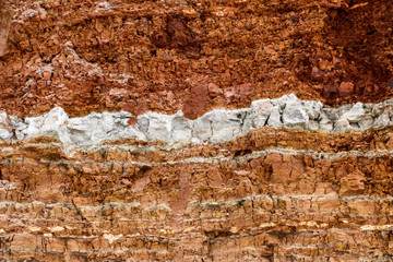  texture of different layers of clay underground in  clay quarry after geological study of soil.