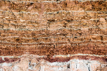  texture of different layers of clay underground in  clay quarry after geological study of soil.
