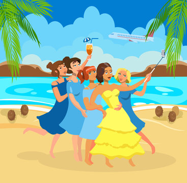 Girls taking Selfie on Beach Vector Illustration