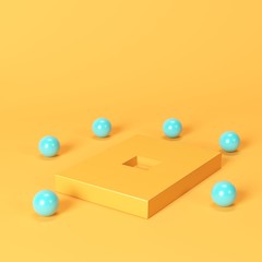 orange box with sqaure hole surrounded by blue spheres on orange background