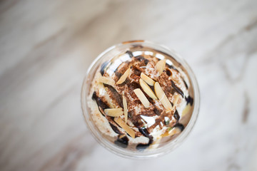 Chocolate latte frappe with whipped cream on top