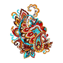 Vintage paisley floral, hand drawn watercolor ethnic design elements