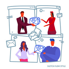 business people man woman boss giving correspondence document package to postman company delivery shipping concept male female characters portrait sketch