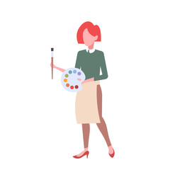 woman artist holding palette with colored paints girl painter in apron standing pose flat female cartoon character full length flat isolated