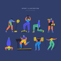 Fitness workout hand drawn color illustration set