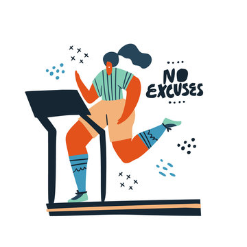 Woman running on treadmill hand drawn illustration
