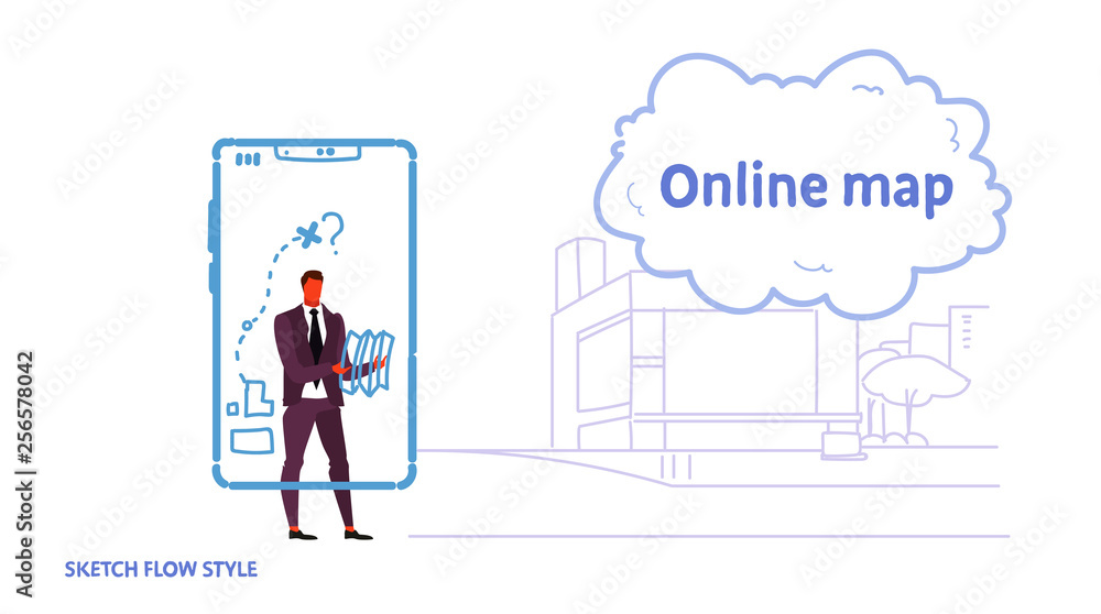 Poster business man using gps navigation mobile application tracking location system online map concept bus
