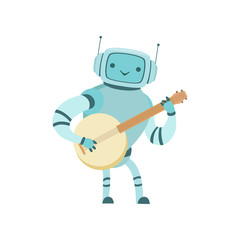 Cute Robot Musician Playing Banjo Musical Instrument Vector Illustration