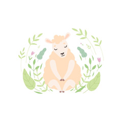 Adorable Little Lamb, Cute Sheep Animal Sitting on Beautiful Spring Meadow Vector Illustration