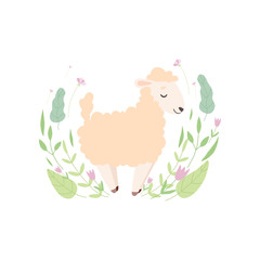 Adorable Little Lamb, Cute Sheep Animal Standing on Beautiful Spring Meadow Vector Illustration