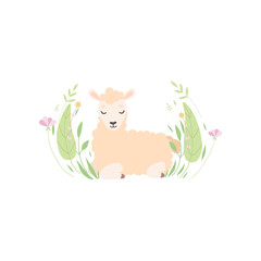 Obraz na płótnie Canvas Adorable Little Lamb Lying on Beautiful Spring Meadow, Cute Sheep Animal Vector Illustration