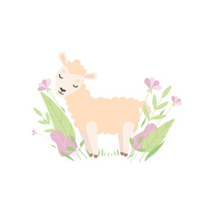 Cute Little Lamb, Adorable Sheep Animal Standing on Spring Meadow Vector Illustration