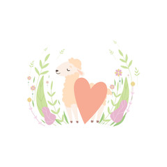 Cute Little Lamb with Red Heart, Adorable Sheep Animal on Spring Meadow Vector Illustration