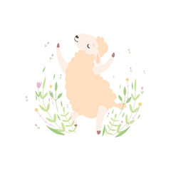Cute Little Lamb Jumping Happily, Adorable Sheep Animal on Spring Meadow Vector Illustration